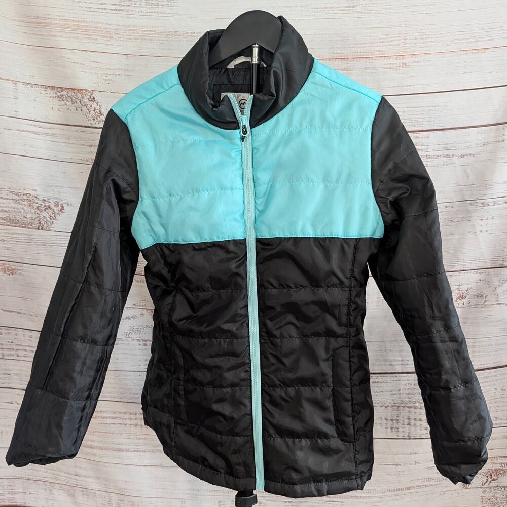 Magellan Outdoors Puffer Jacket Womens L Aqua Blue Black Colorblock Quilted Zip